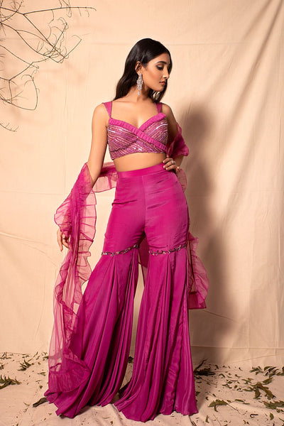 Mulberry Pink Sharara with Hand Embroidered Bralette with Ruffle