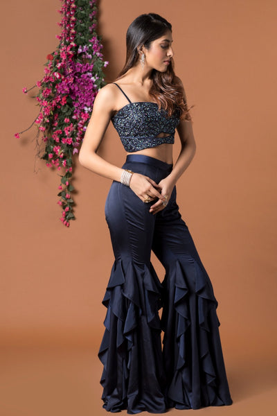 NAVY BLUE RUFFLE PANTS & CROP TOP SET