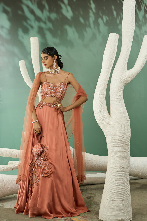 Peach Applique Lehenga Set