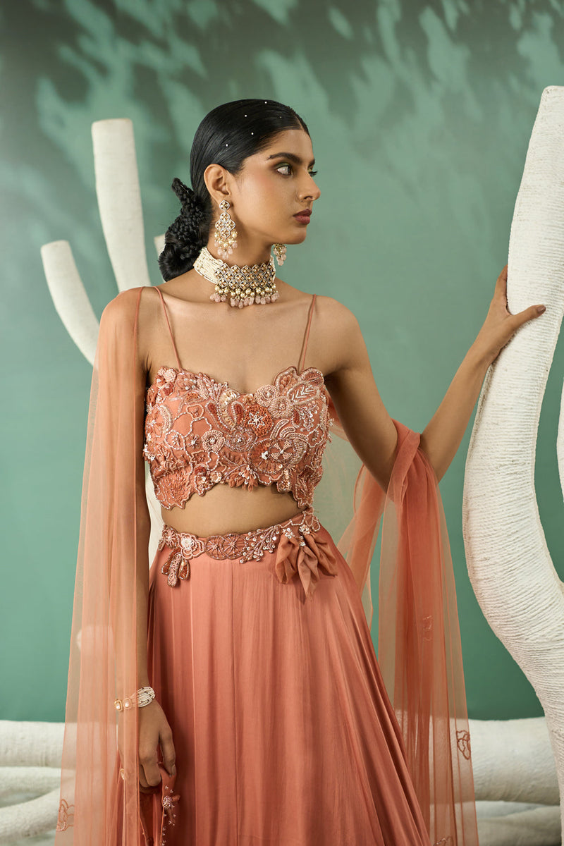 Peach Applique Lehenga Set