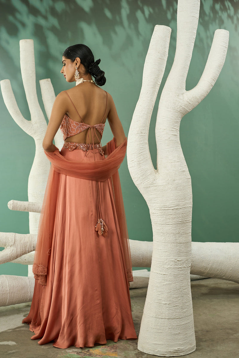 Peach Applique Lehenga Set