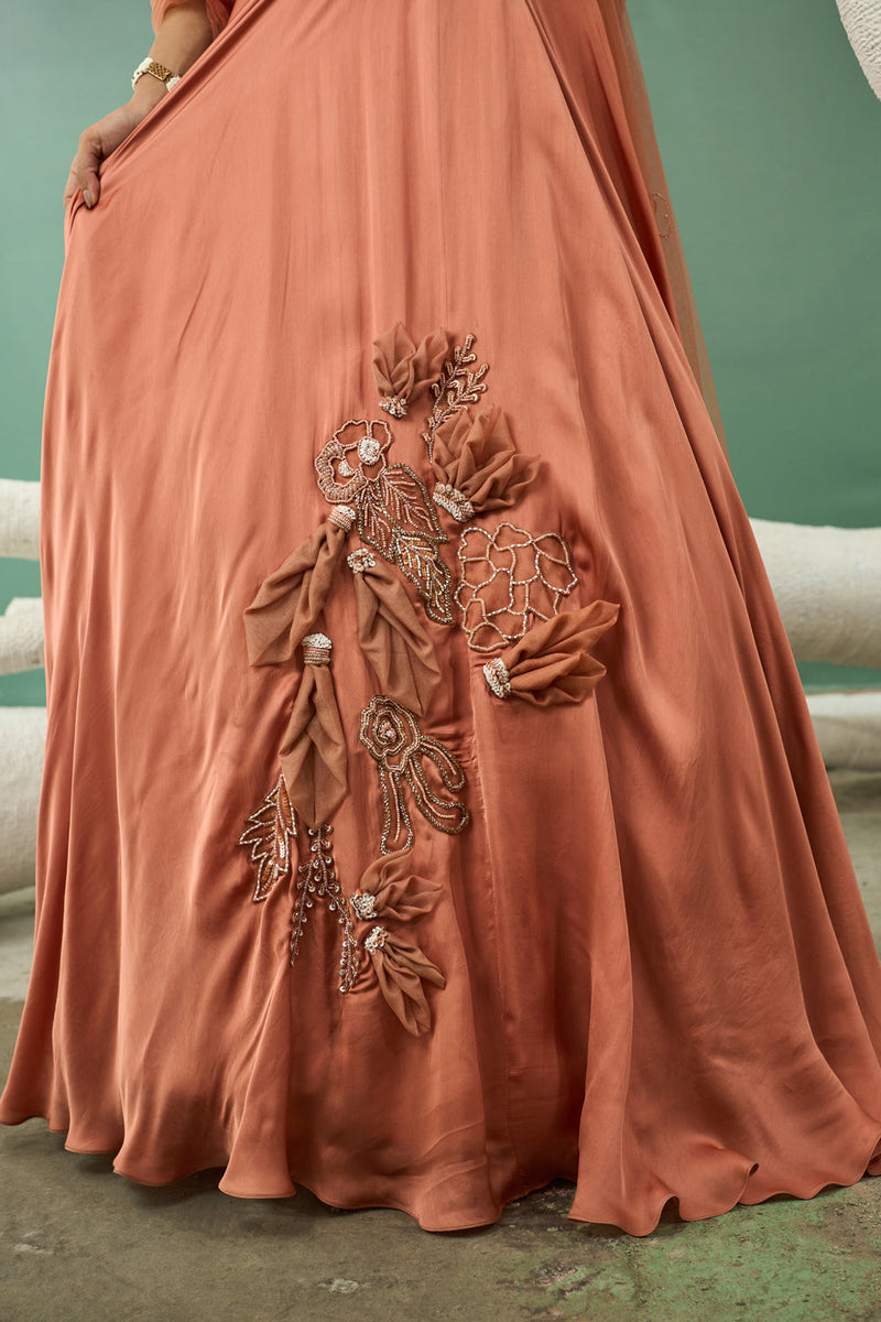 Peach Applique Lehenga Set