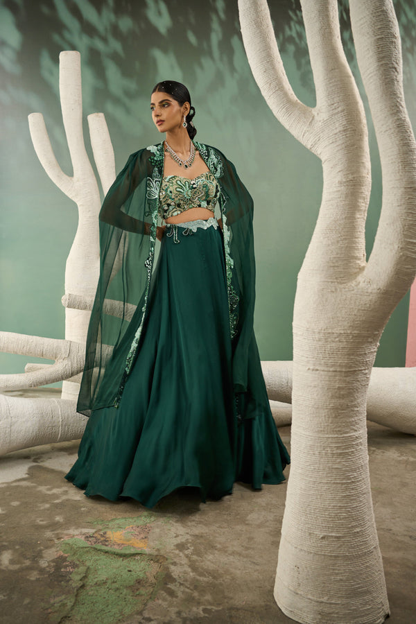 Mint & Dark Green Aaplique Lehenga With Cut-Out Jacket