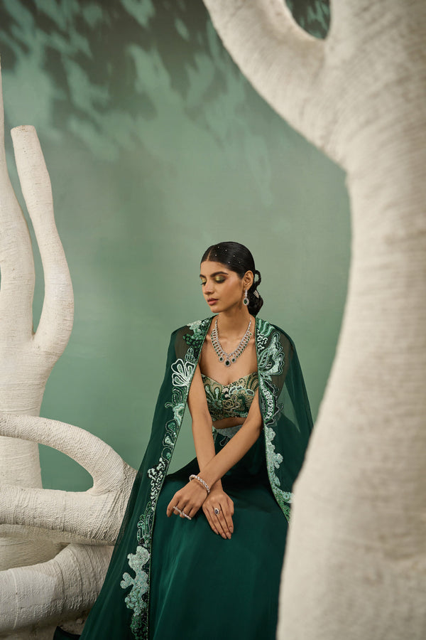 Mint & Dark Green Aaplique Lehenga With Cut-Out Jacket