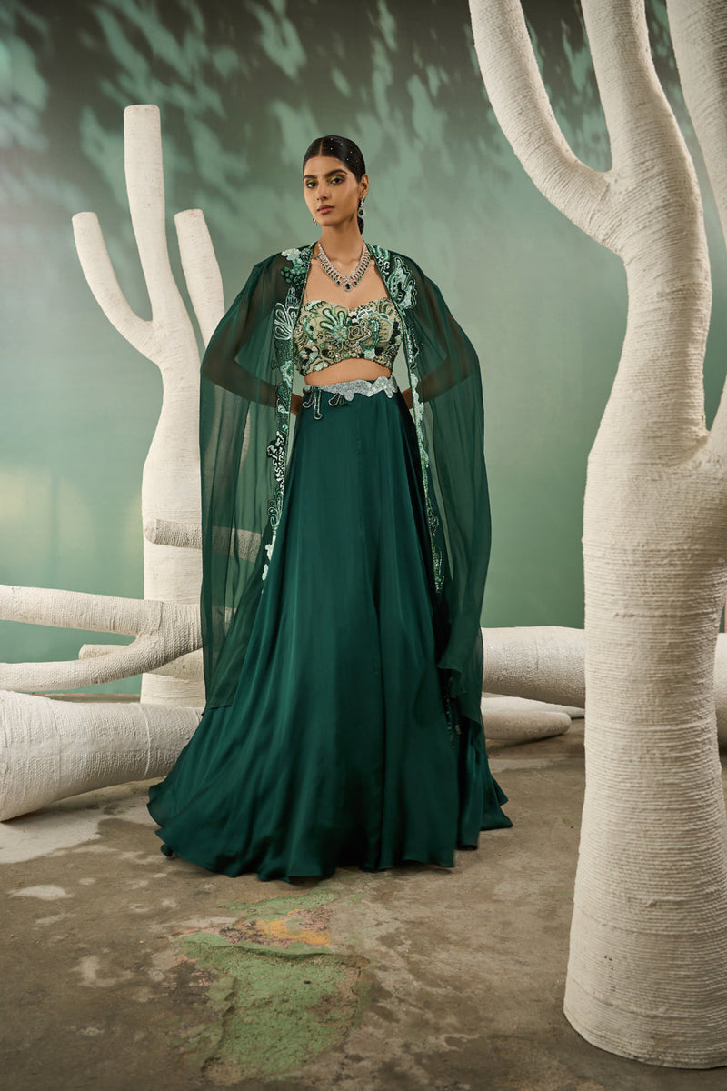 Mint & Dark Green Aaplique Lehenga With Cut-Out Jacket