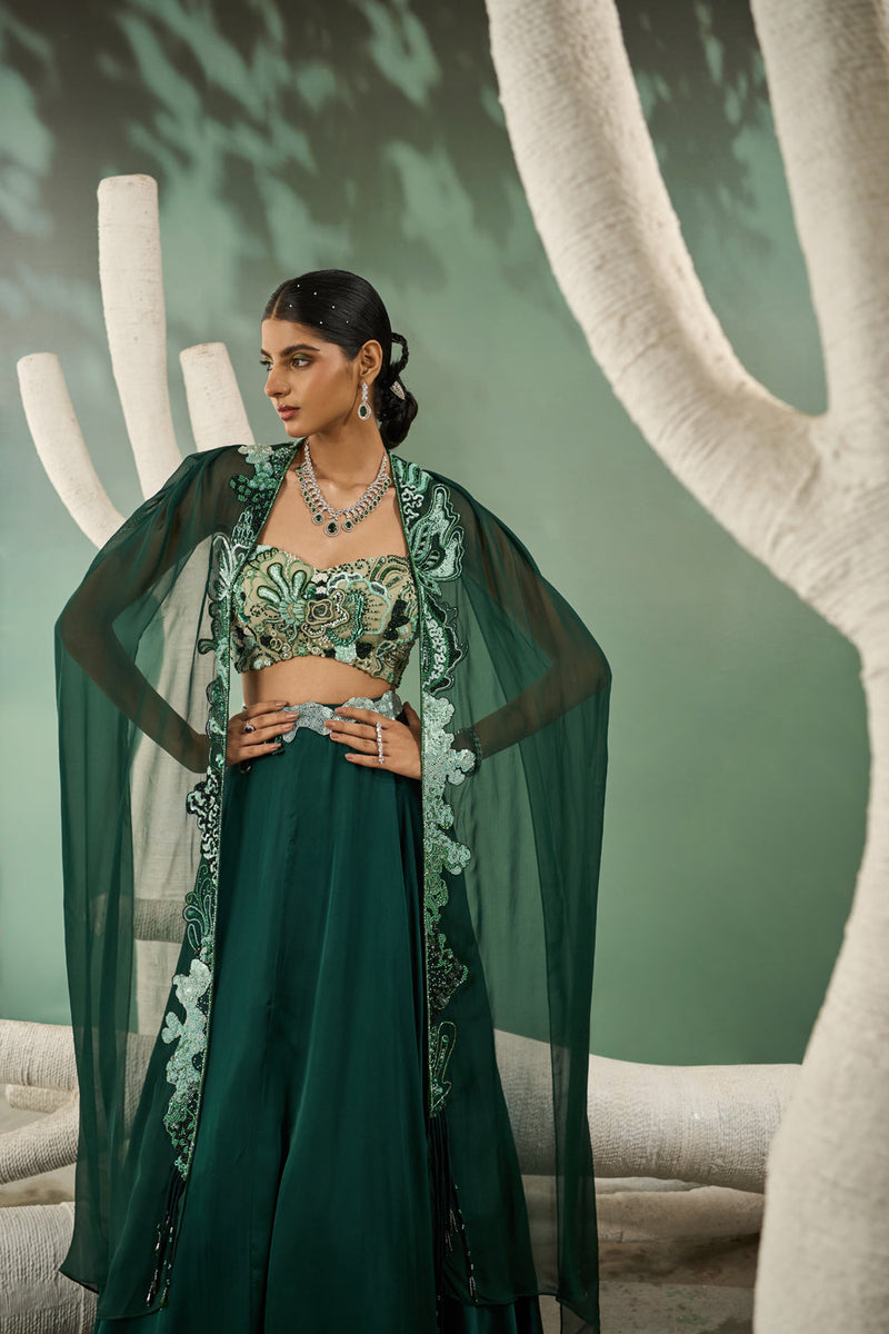 Mint & Dark Green Aaplique Lehenga With Cut-Out Jacket