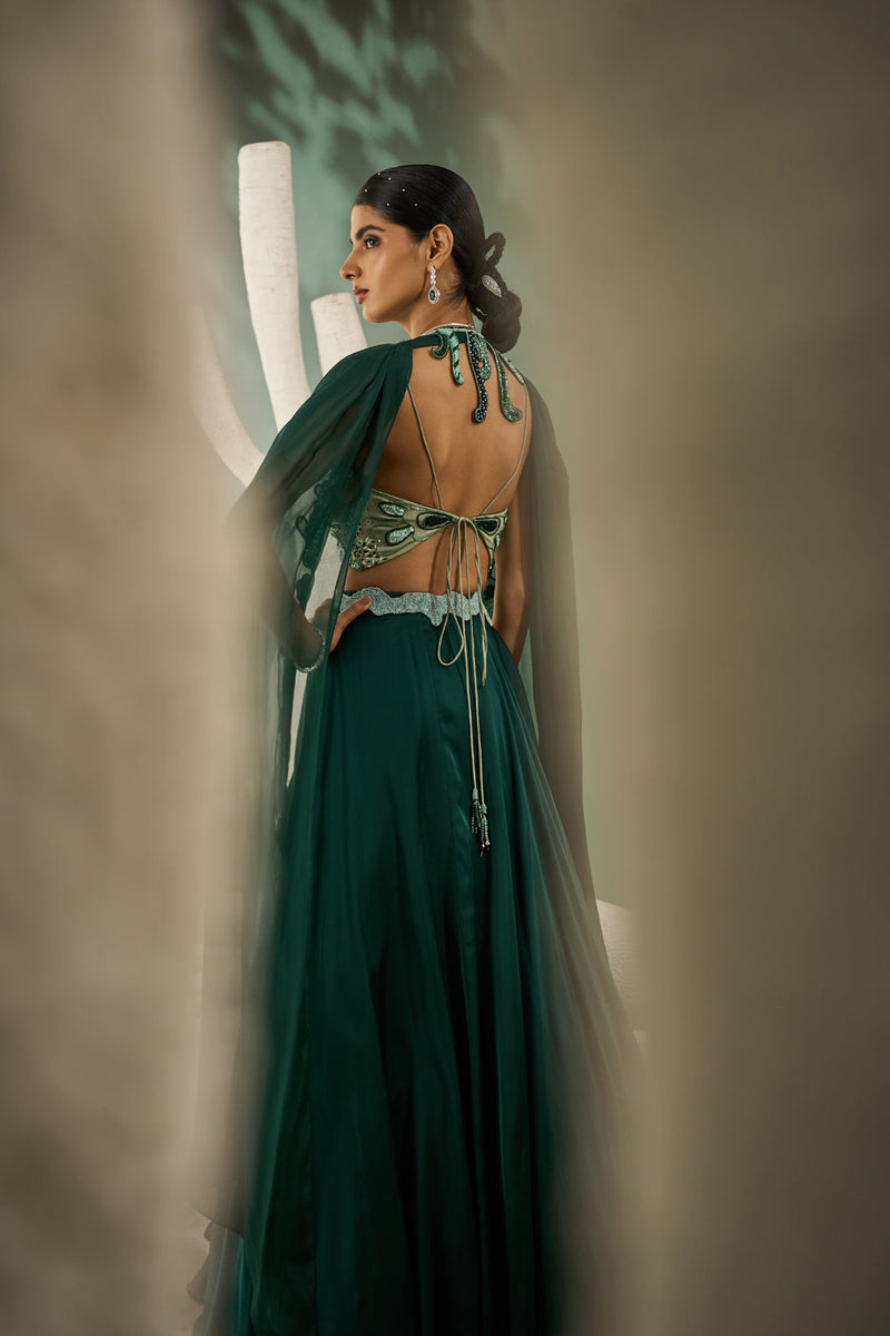 Mint & Dark Green Aaplique Lehenga With Cut-Out Jacket