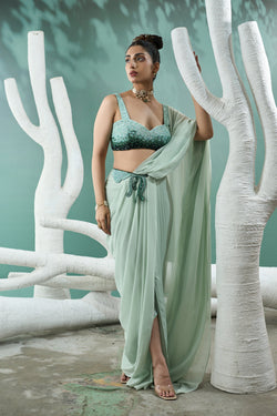 Mint Green Drape Saree Set