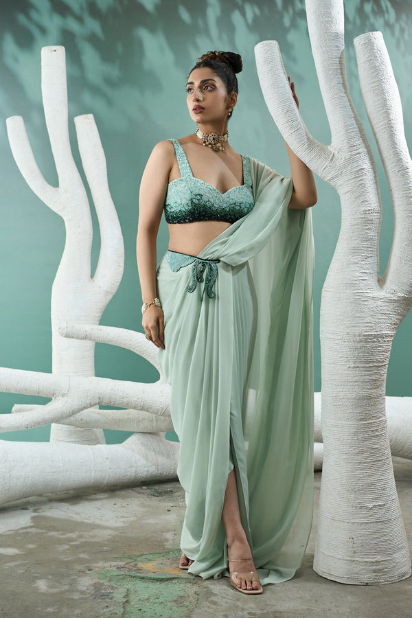 Mint Green Drape Saree Set