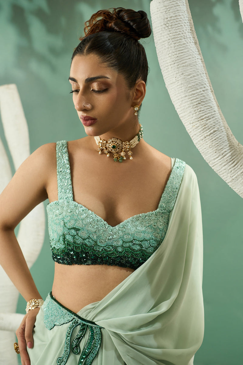 Mint Green Drape Saree Set