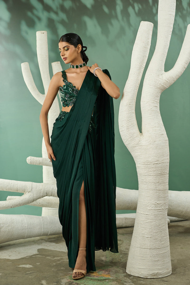 Emarald Green Cutwork Drape Saree Set