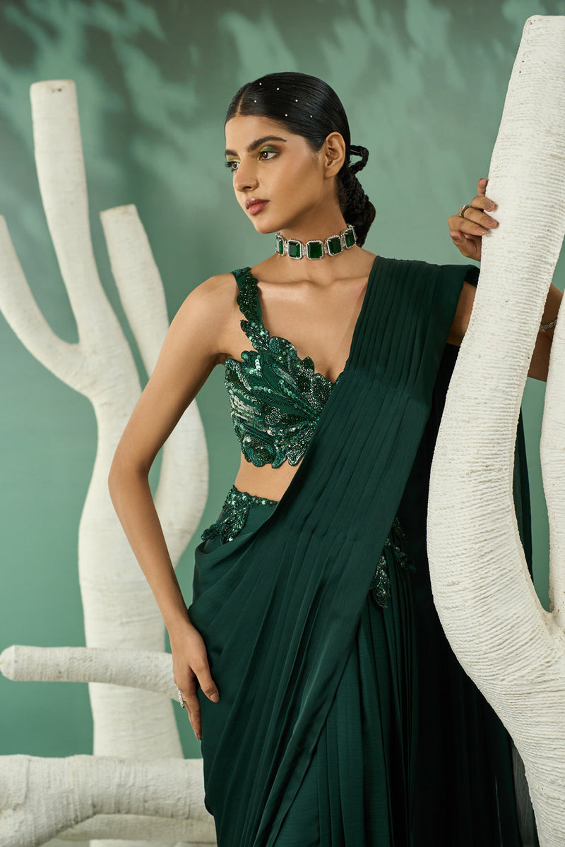 Emarald Green Cutwork Drape Saree Set