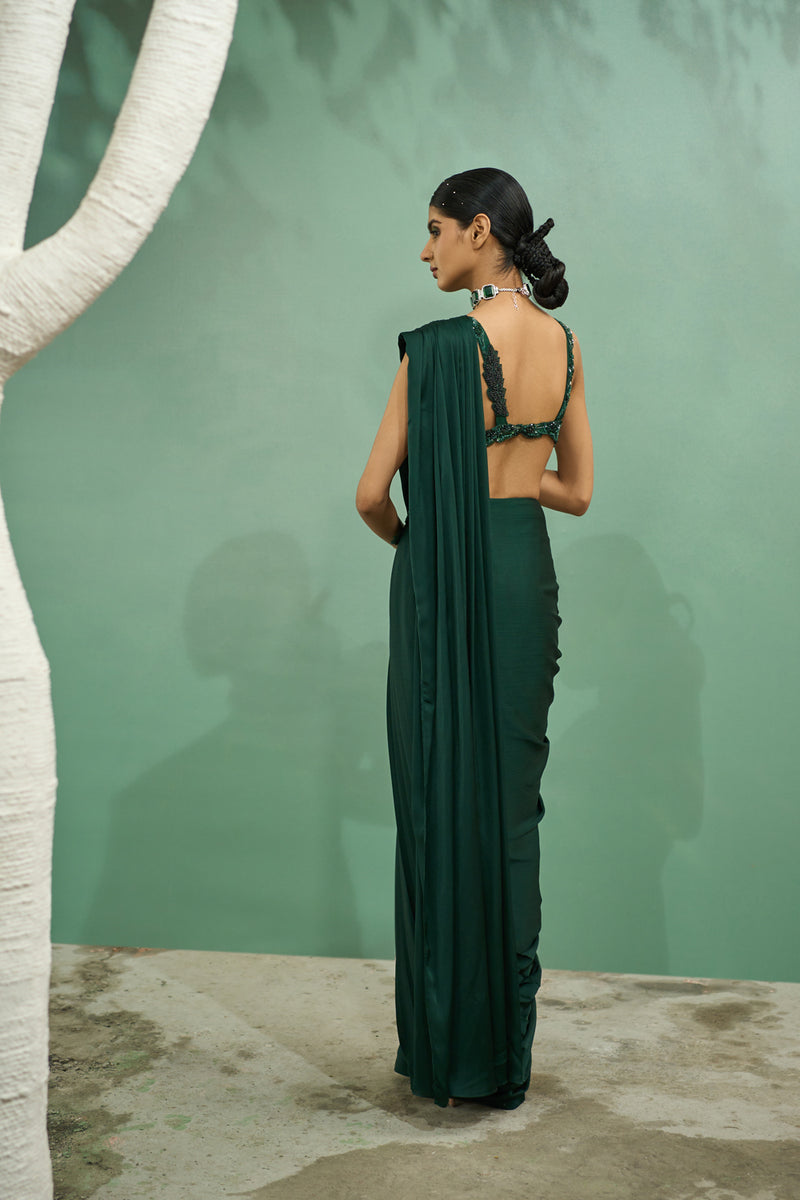 Emarald Green Cutwork Drape Saree Set