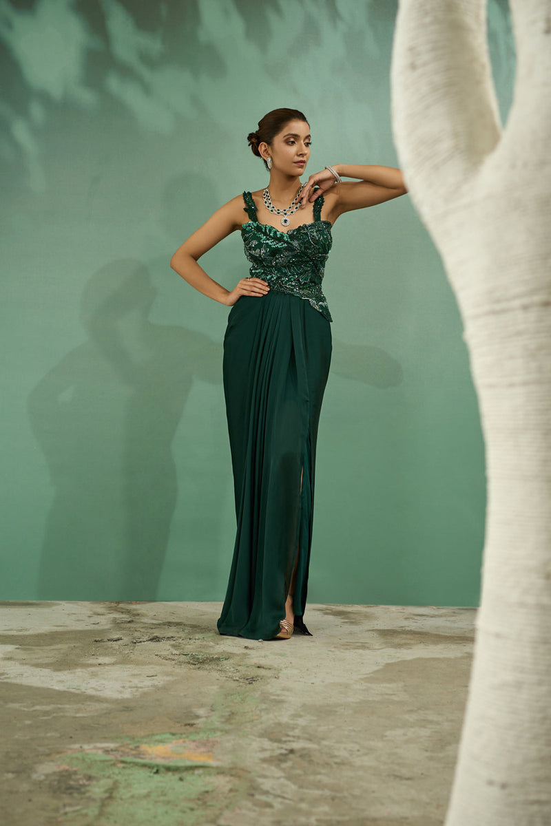 Emarald Green Cutwork Top And Drape Skirt Set