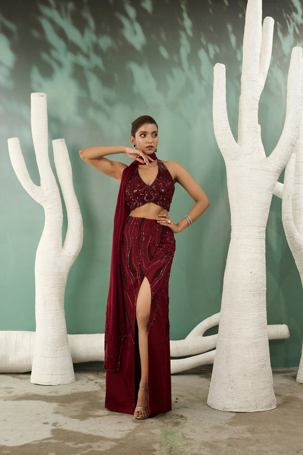 Burgundy Halter Top And Skirt Set