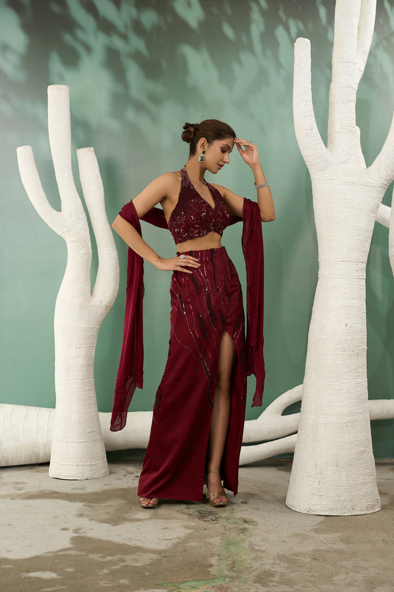 Burgundy Halter Top And Skirt Set