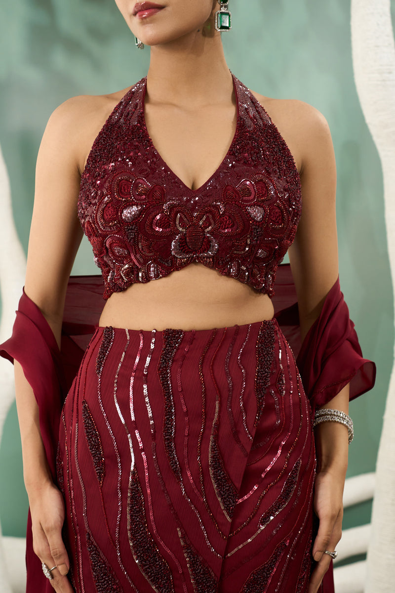 Burgundy Halter Top And Skirt Set