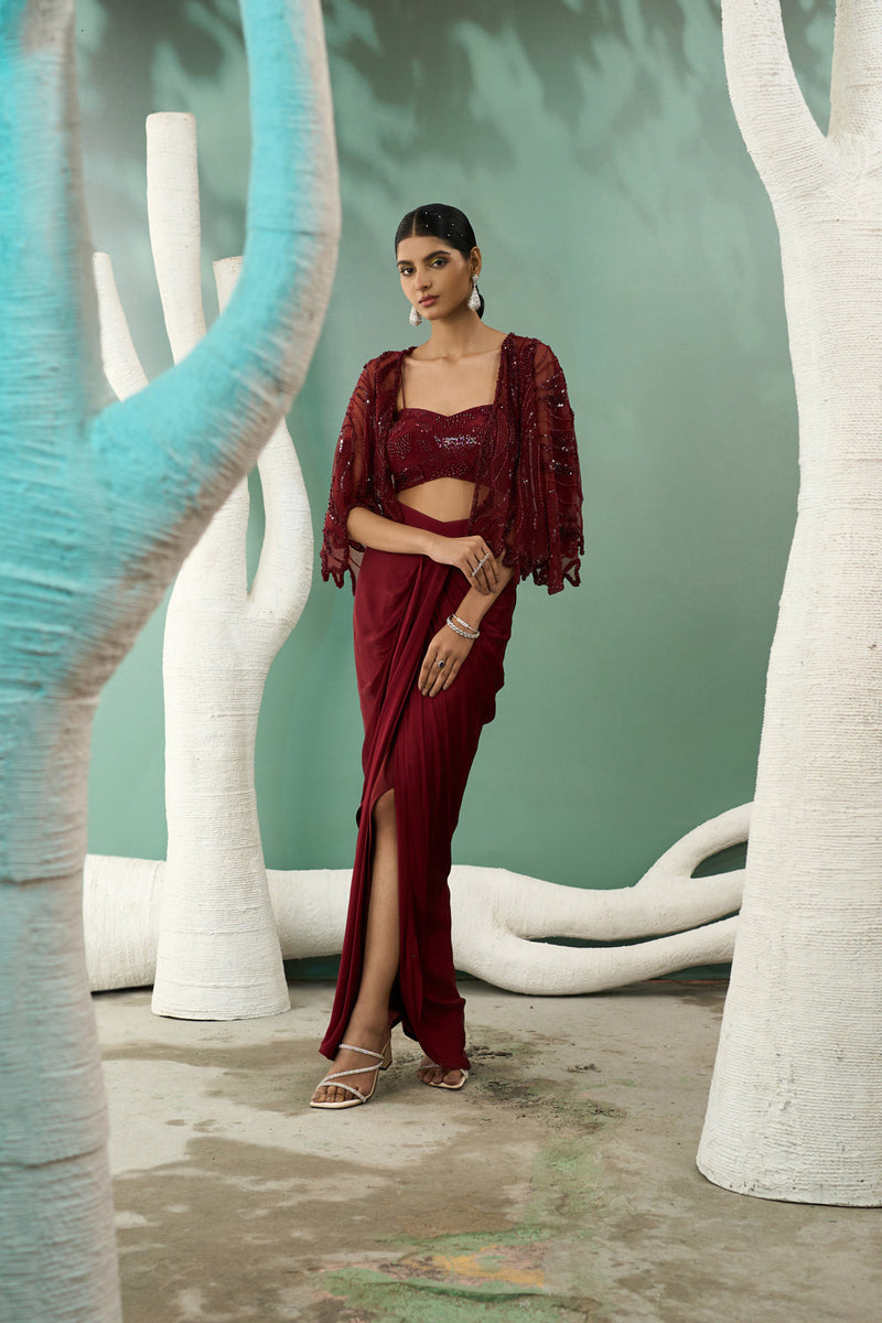 Burgundy Drape Skirt & Shrug Set