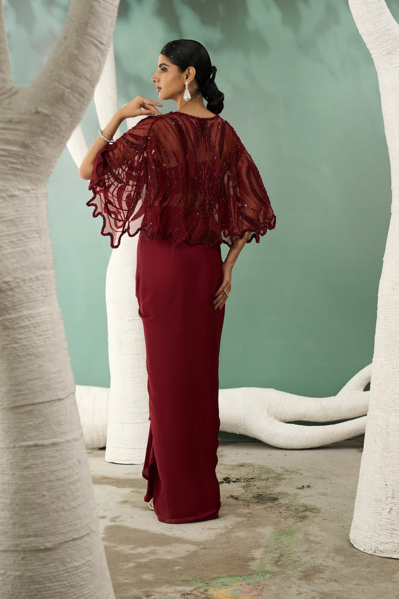 Burgundy Drape Skirt & Shrug Set