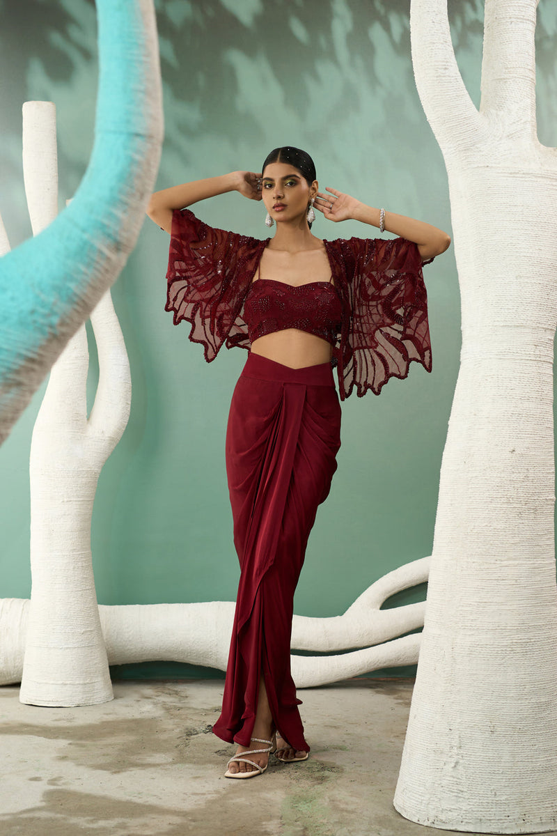 Burgundy Drape Skirt & Shrug Set