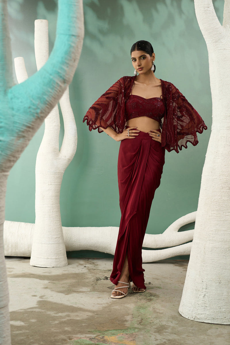 Burgundy Drape Skirt & Shrug Set