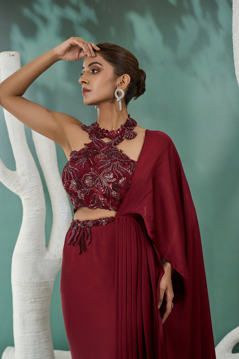 Burgundy Drape Saree Set