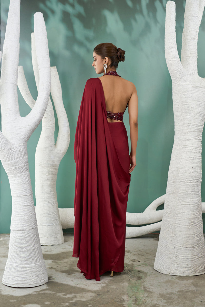 Burgundy Drape Saree Set