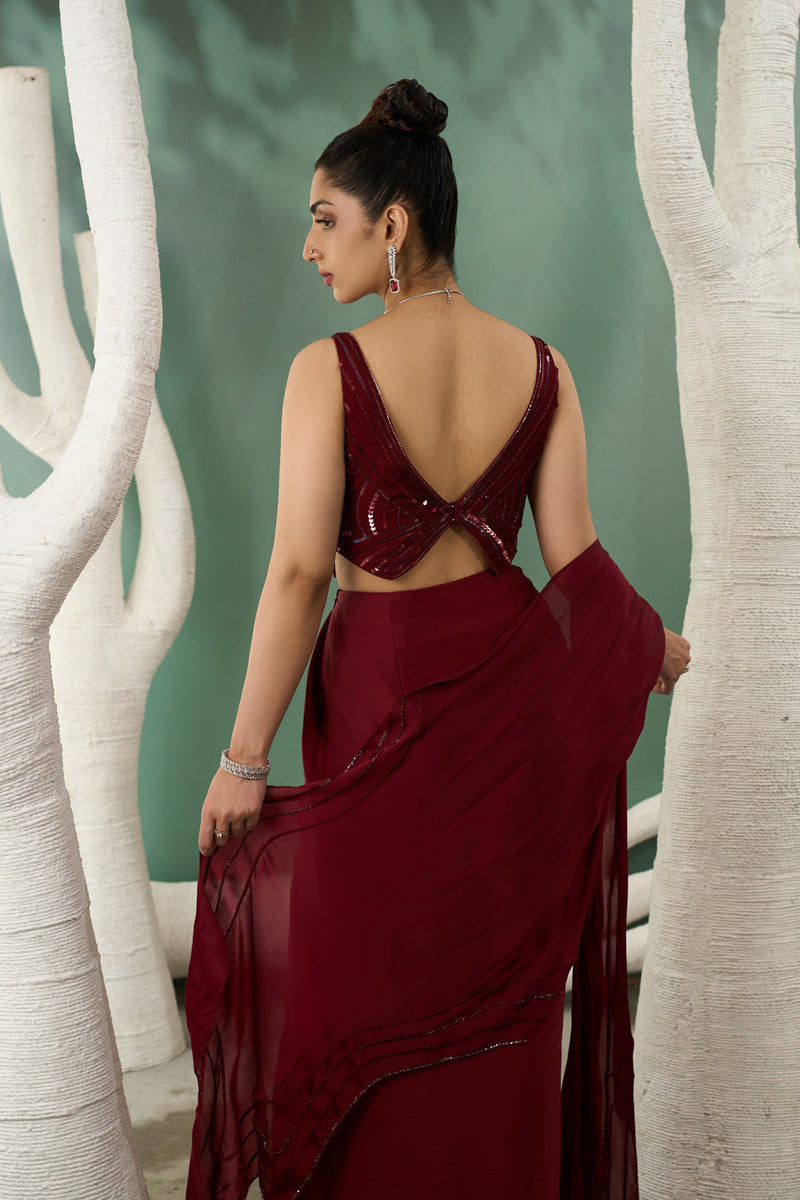 Burgundy Drape Skirt And Cutwork Top