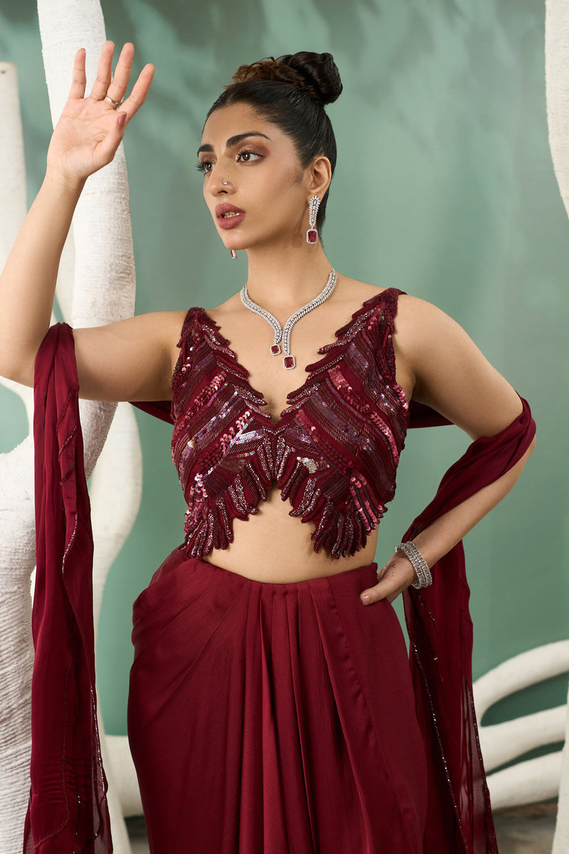 Burgundy Drape Skirt And Cutwork Top