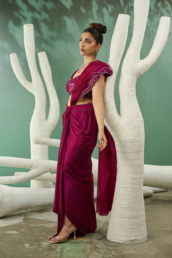 Plum Pink Drape Skirt Set With Detachable Dupatta