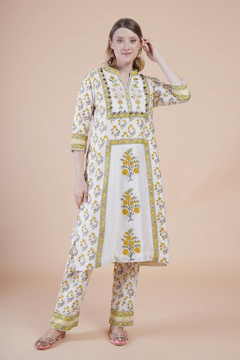 Off white block print with embroidered kurta suit set