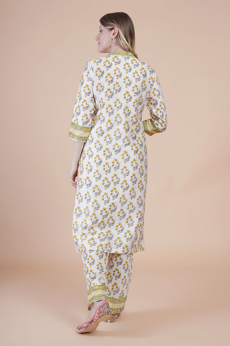 Off white block print with embroidered kurta suit set