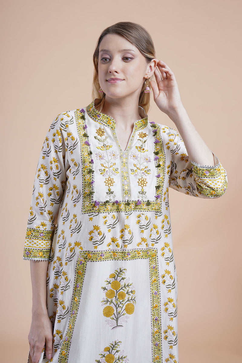 Off white block print with embroidered kurta suit set