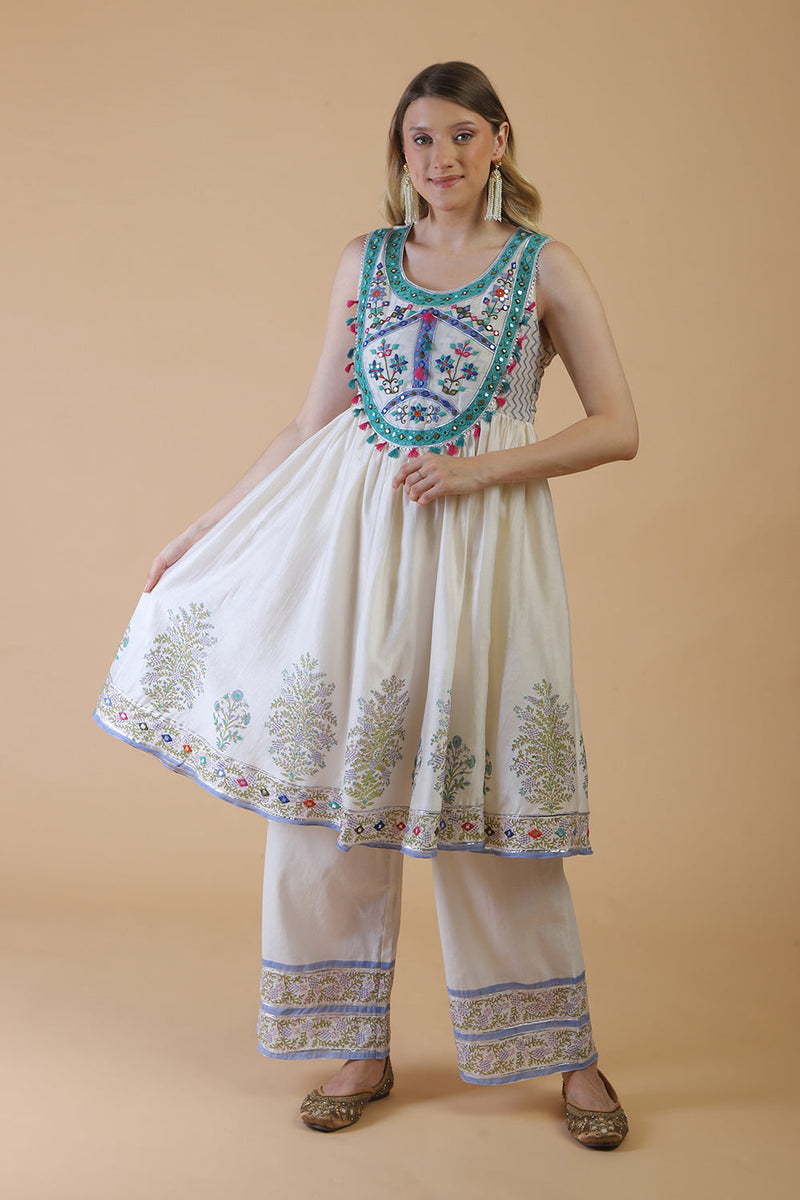 Off white block print with embroidered stylised kurta suit set