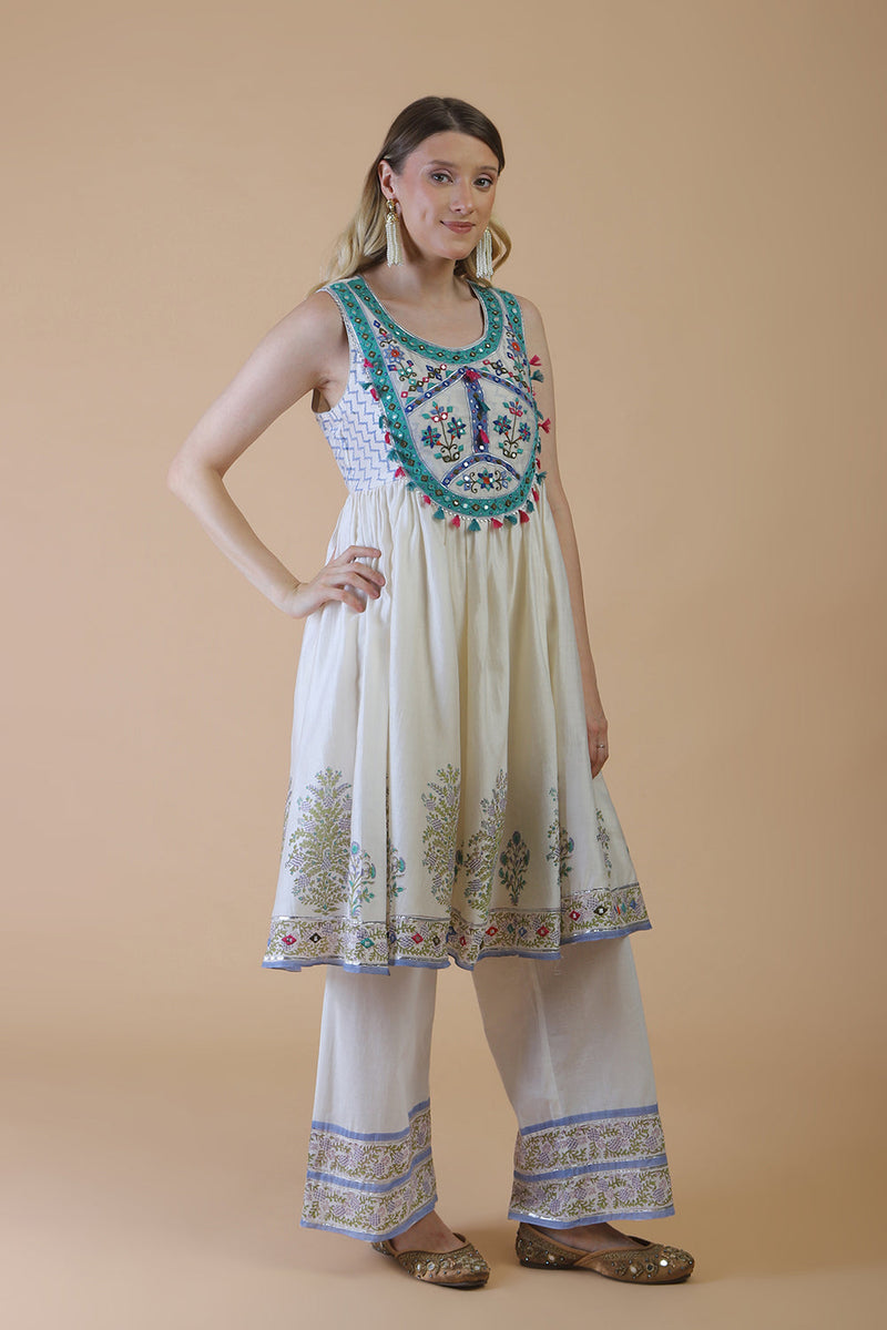 Off white block print with embroidered stylised kurta suit set