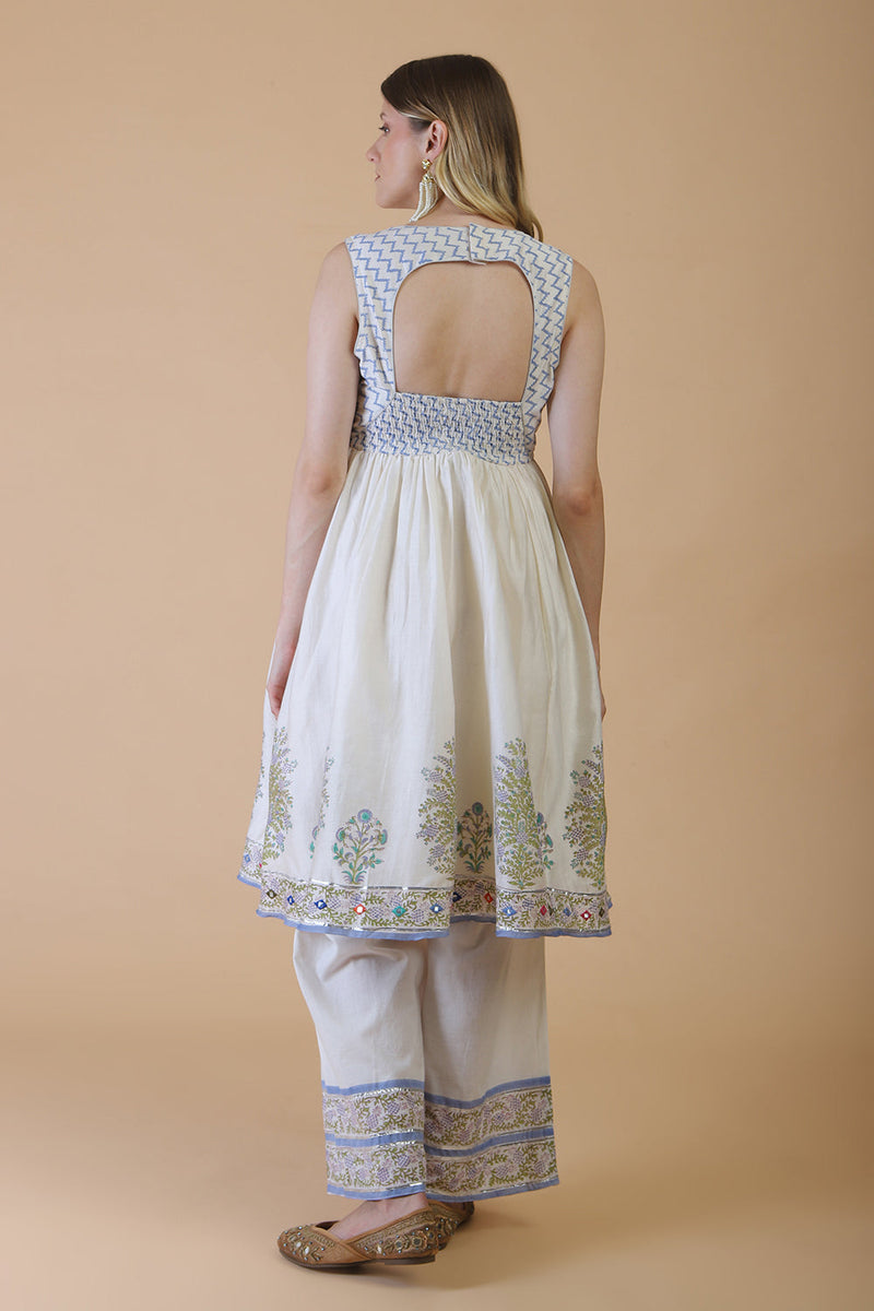 Off white block print with embroidered stylised kurta suit set