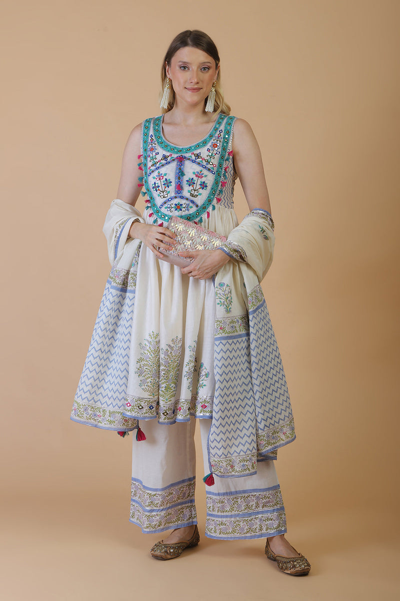 Off white block print with embroidered stylised kurta suit set