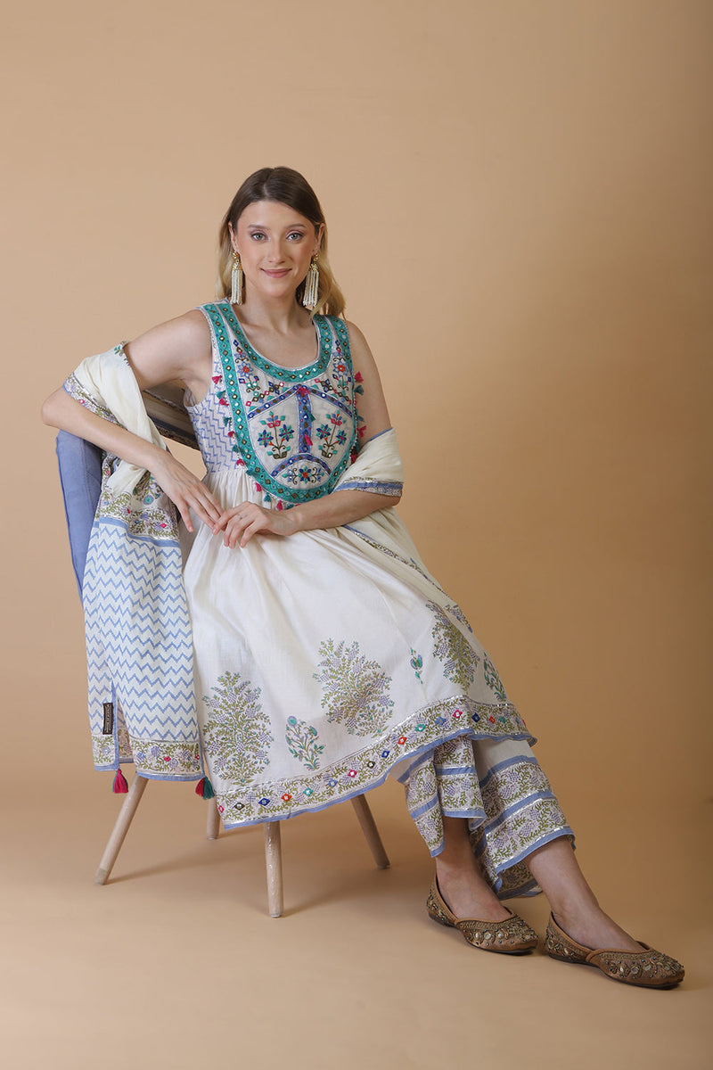 Off white block print with embroidered stylised kurta suit set