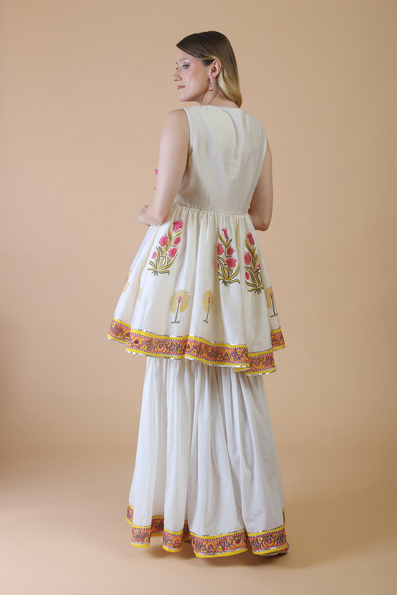 Off white block print with embroidered stylised sharara kurta set