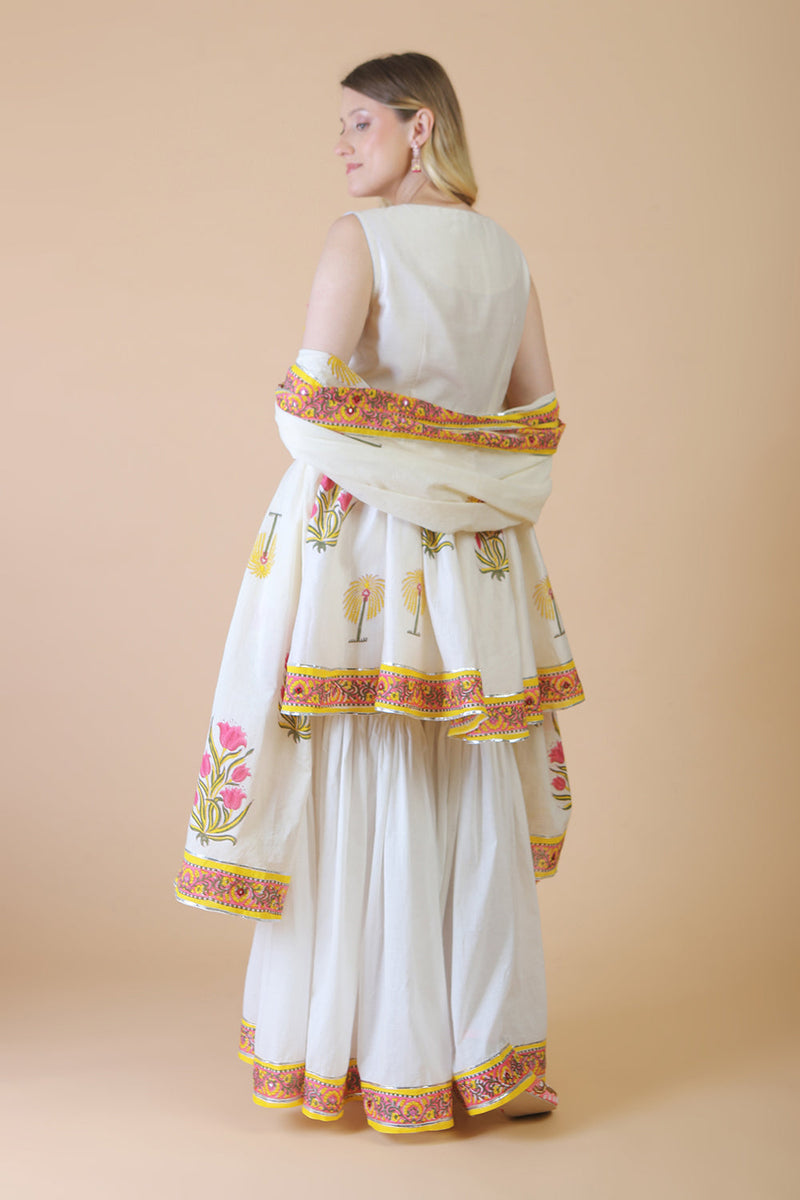 Off white block print with embroidered stylised sharara kurta set