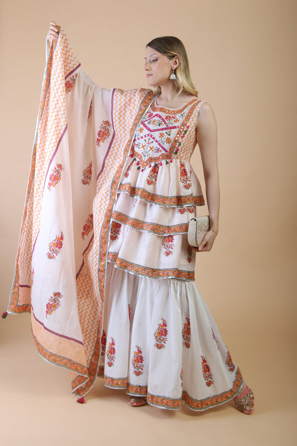 Light pink block print with embroidered sharara kurta set