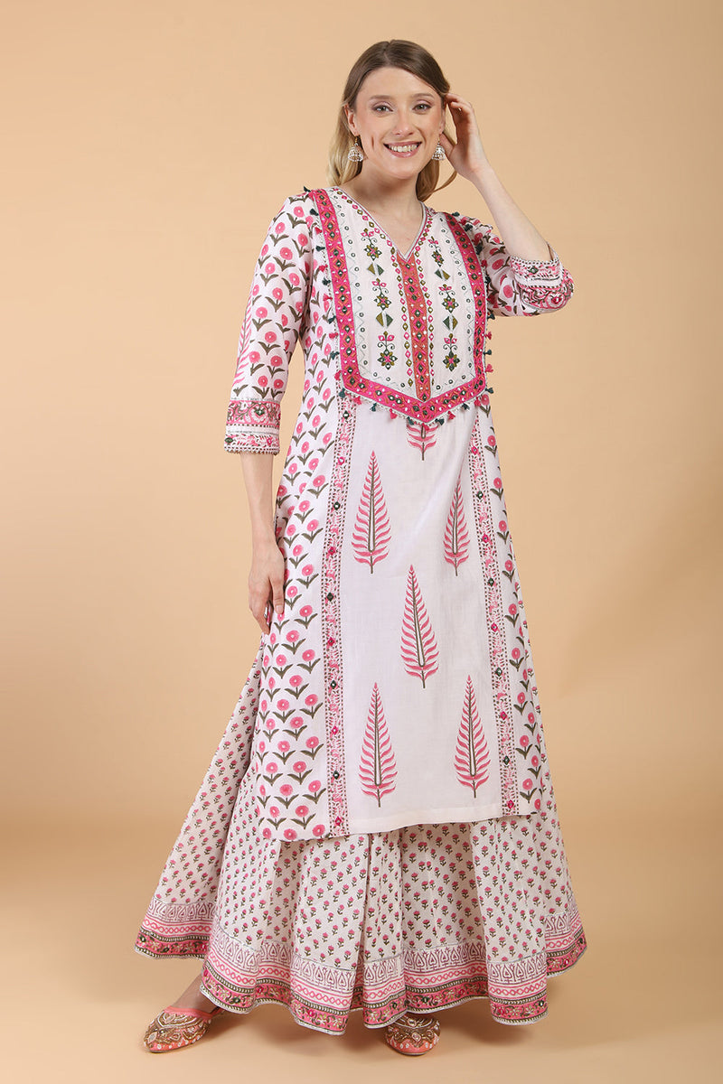 Light peach block print with embroidered kurta suit set