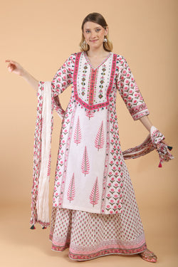 Light peach block print with embroidered kurta suit set