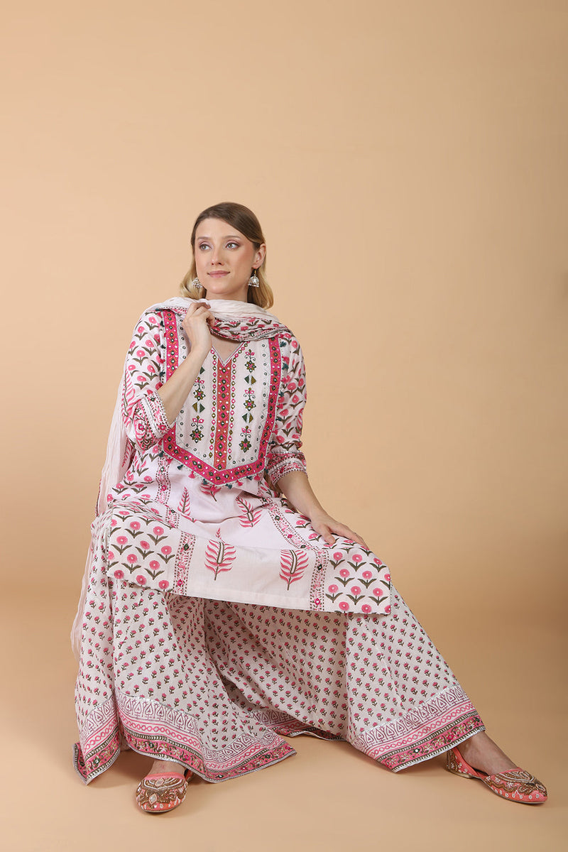 Light peach block print with embroidered kurta suit set