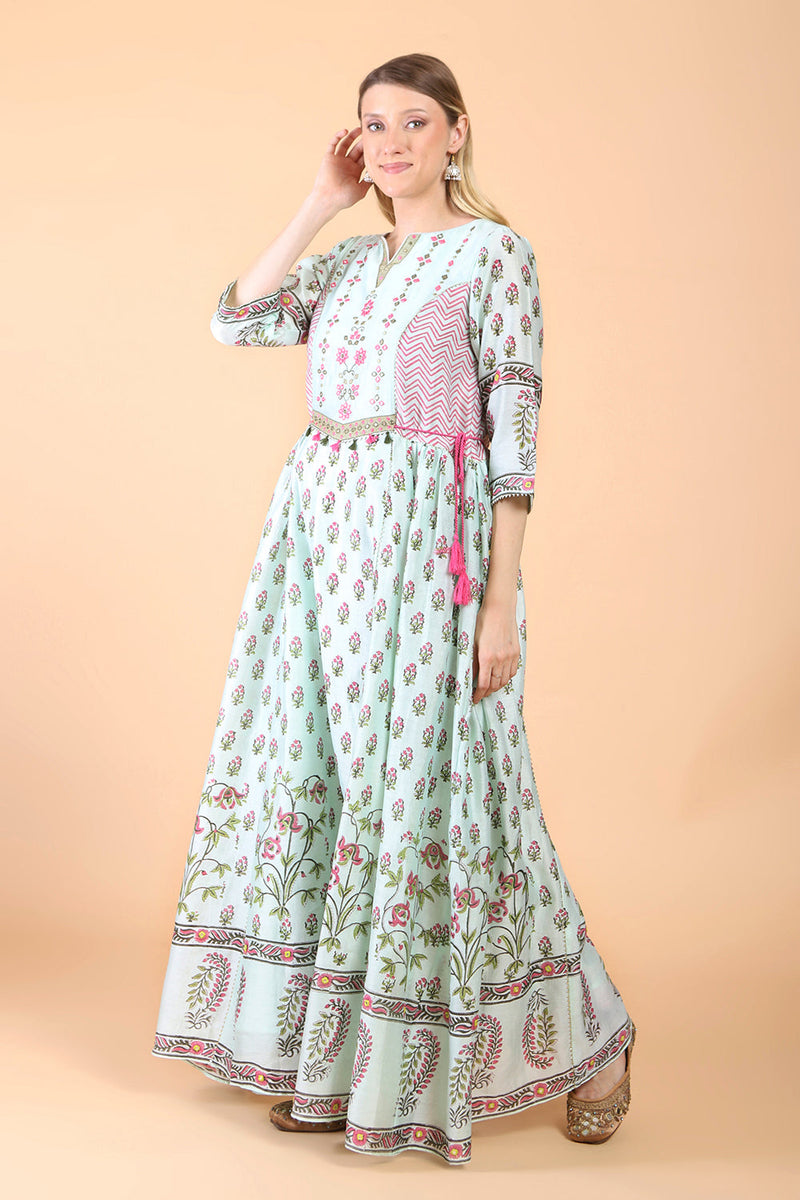 Sea green block print with embroidered Anarkali Set set