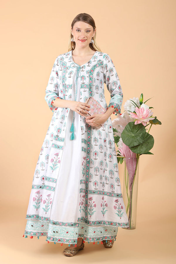 White block print with embroidered Anarkali Set set