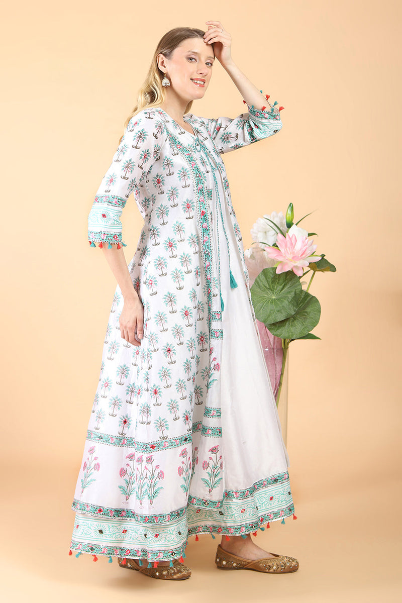 White block print with embroidered Anarkali Set set