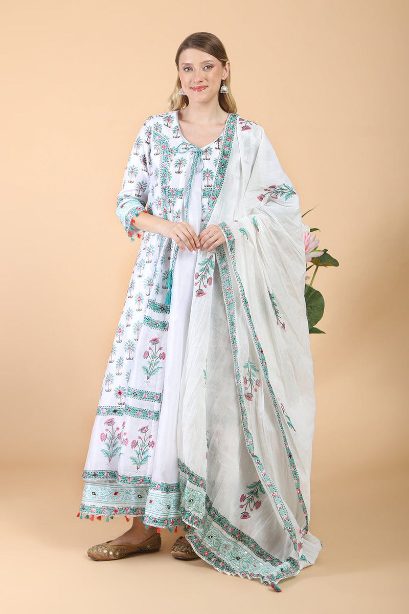 White block print with embroidered Anarkali Set set