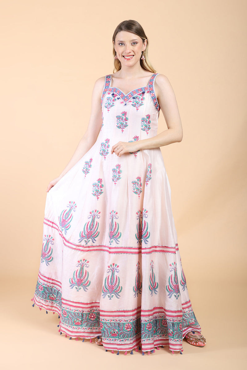 Light pink block print with embroidered Anarkali Set set