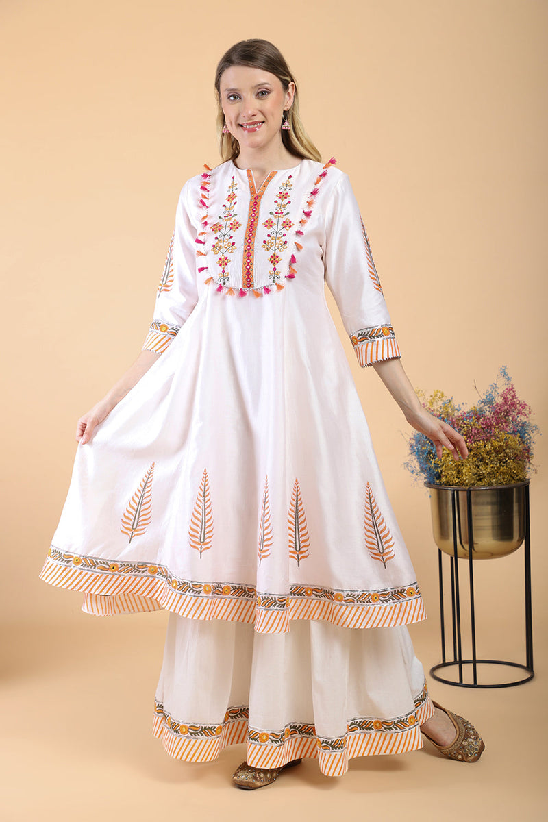 Light pink block print with embroidered Anarkali Set set